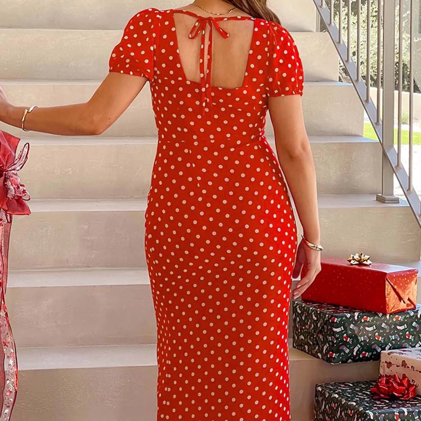 BXOXO Women Summer Slim Long Dress Fashion Red Short Sleeve Deep V Neck Dot Print Party Dresses Holiday Beachwear