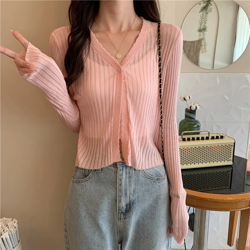 Bxoxo Sun Protection Light Weight Knitted Ice Silk Long Sve Cardigan Women's Slim Fit Summer New Sle Breathable Outerwear T-irt