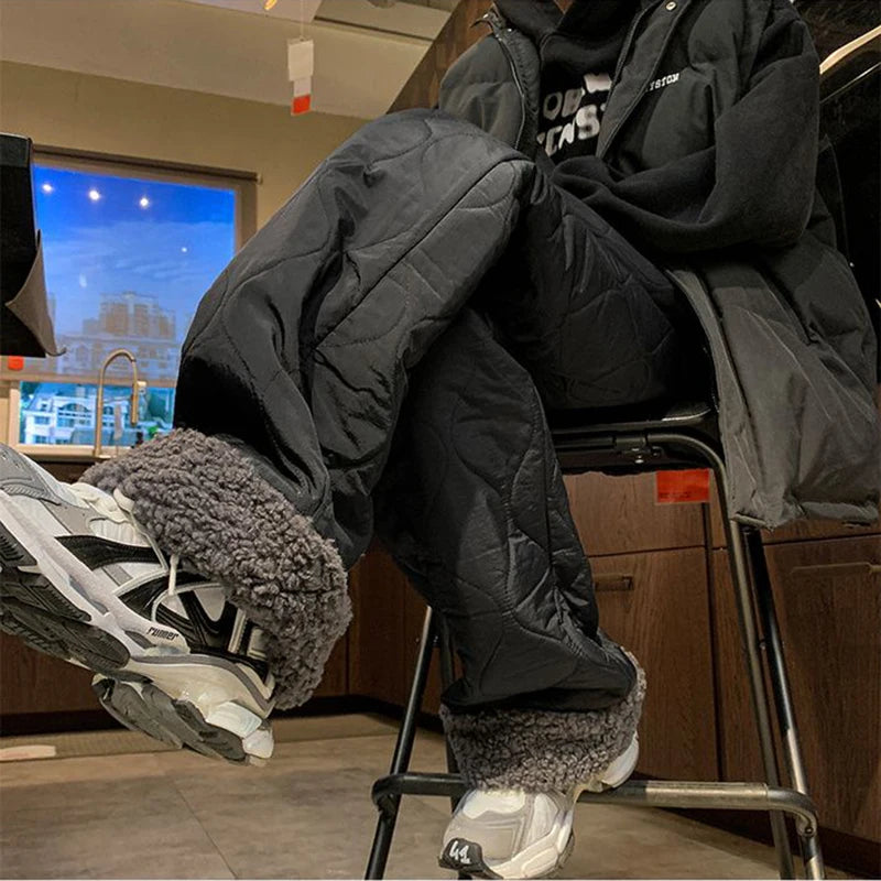 Bxoxo Winter Lamb Fur Wide Leg Pants Women Fashio Plush Thick Warm Loose Casual Pants Bf High Waist Streetwear Straight Trousers New