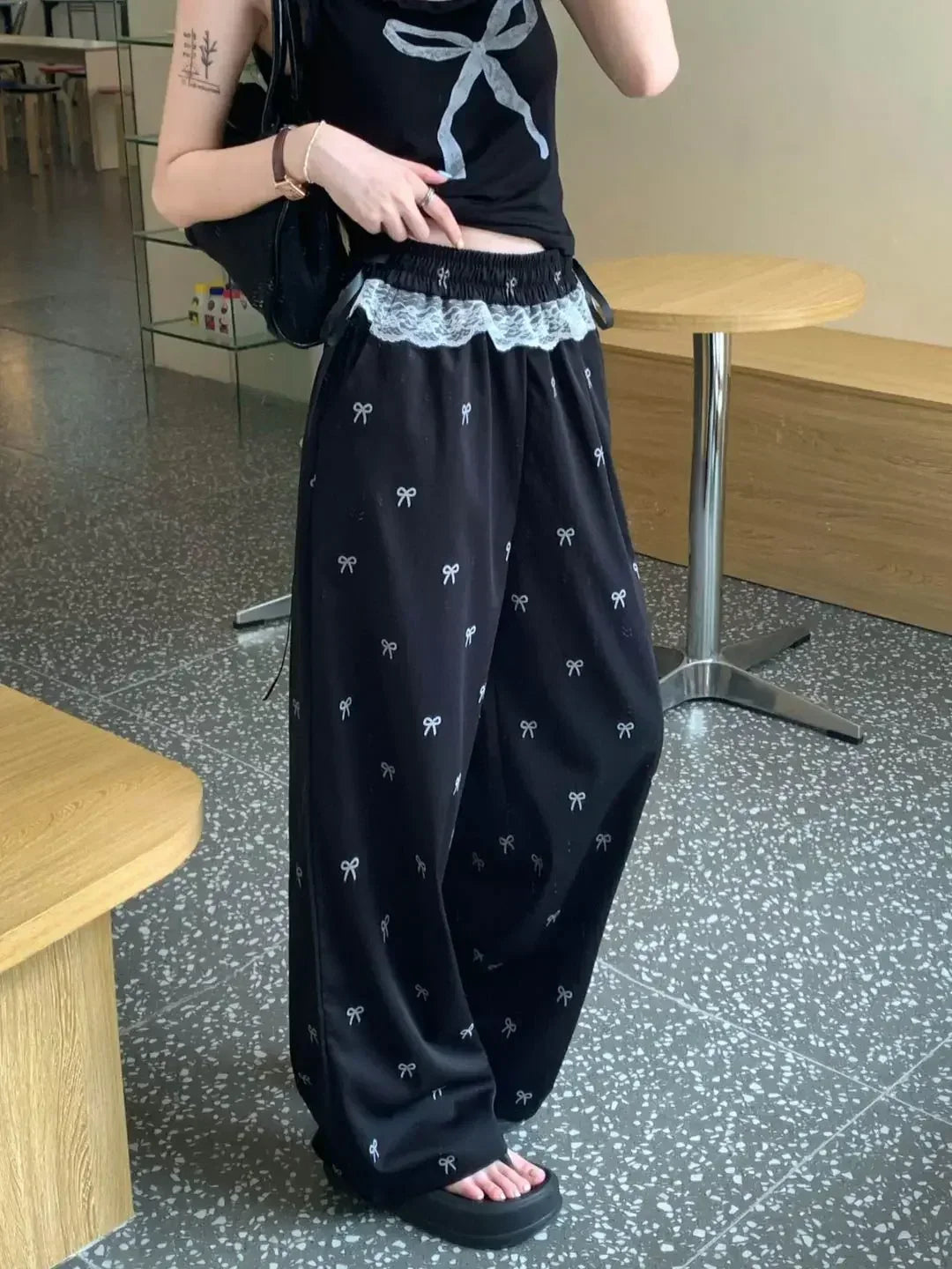 Bxoxo Fashion Lace Patchwork Women Casual Pants Summer Loose Preppy Bow Print Jogging Pants High Waist All Match Straight Trousers
