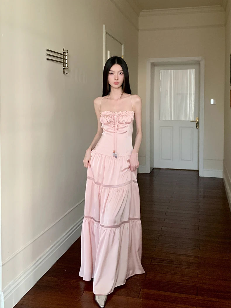 Bxoxo Pink Satin Backless Maxi Dress For Woman Shirring Beading A Line Long Tube Dress 2025 Summer Vacation Clothes