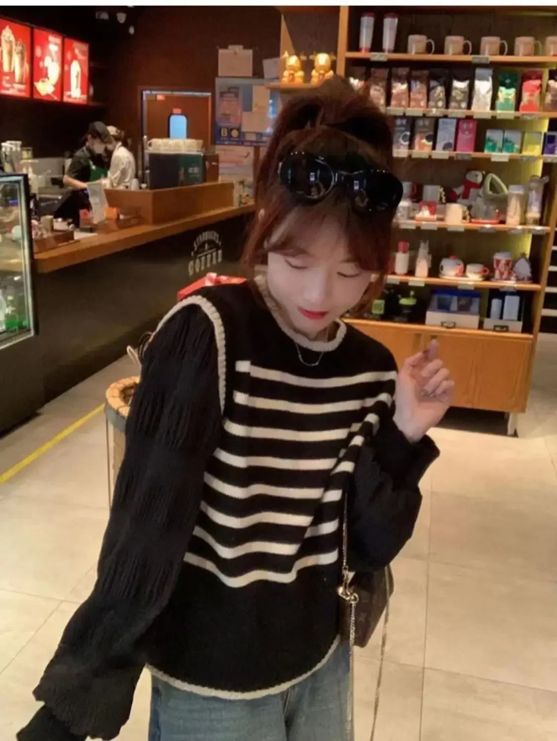 Bxoxo women Black and white striped fake two-piece knitted sweaters pring and autumn Korean soft glutinous pullover sweater female