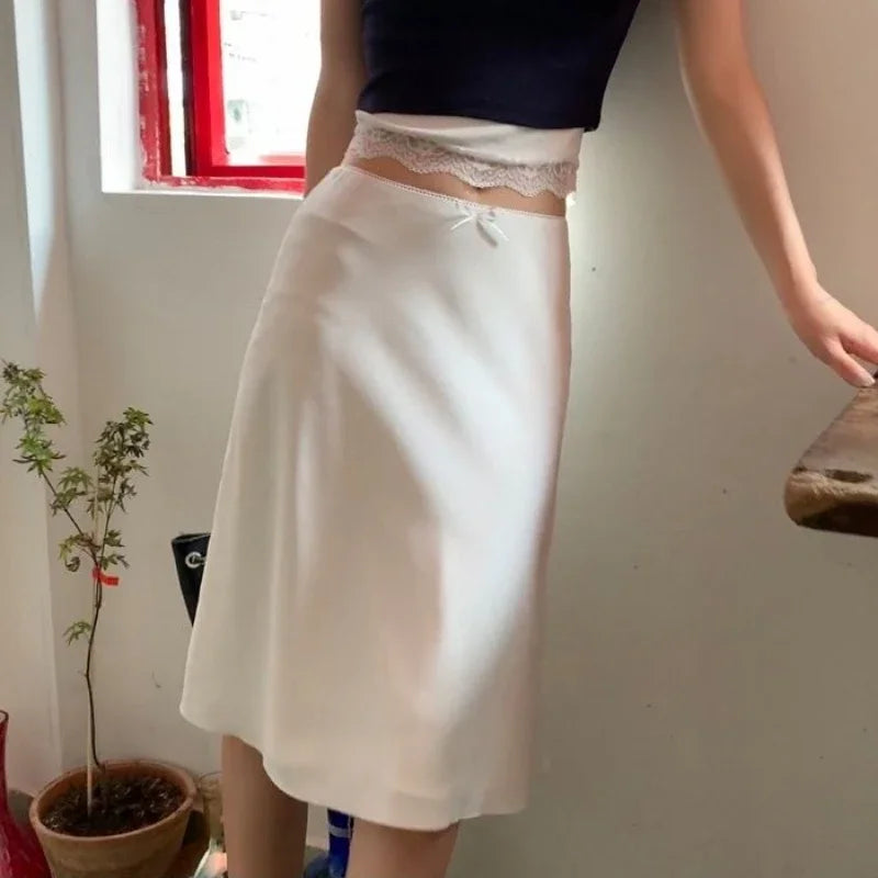 Bxoxo Elegant White Women Satin Skirt Fairycore Ruffle Mid Skirts Coquette A-line Basic Casual Korean Style Summer Silk Skirt