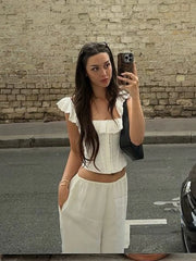 BXOXO White Lace Ruffle Corset Short Vest For Women Elegant Backless Off Shoulder Cropped Shirts 2025 Female Summer Party Club Tops