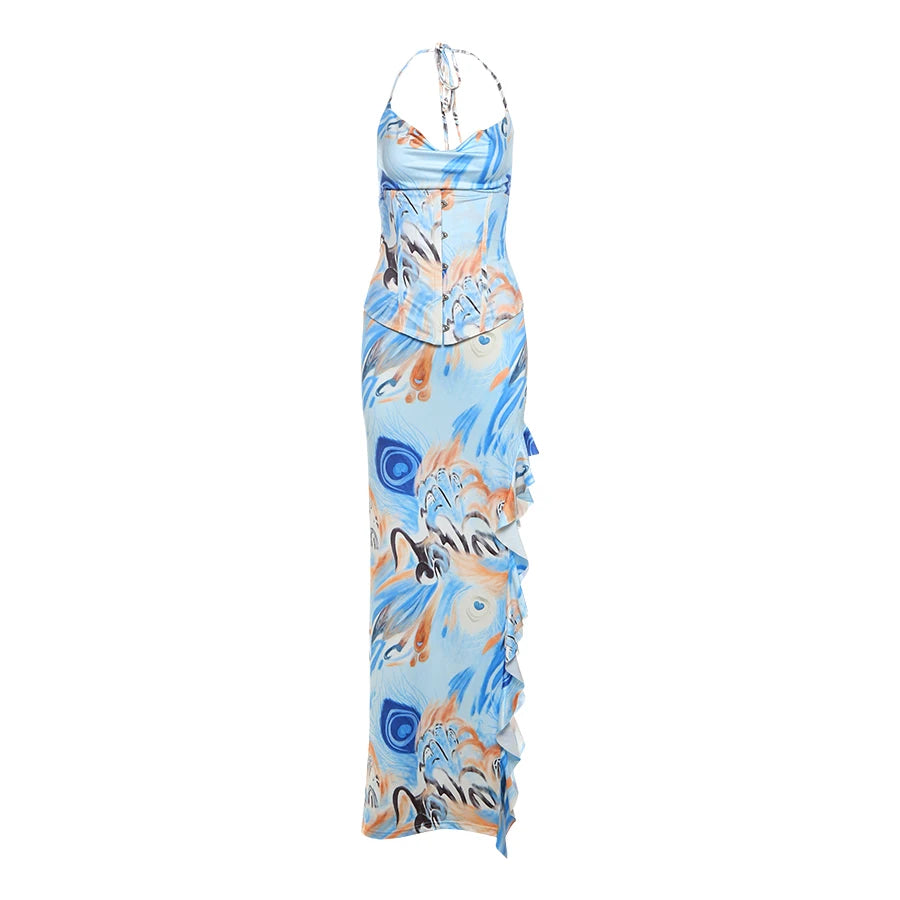 BXOXO Sexy Dress Women Colorful Print Halter Low-Neck Backless Ruffles High Splits Robe Fit Vacation Beach Party Long Bodycon