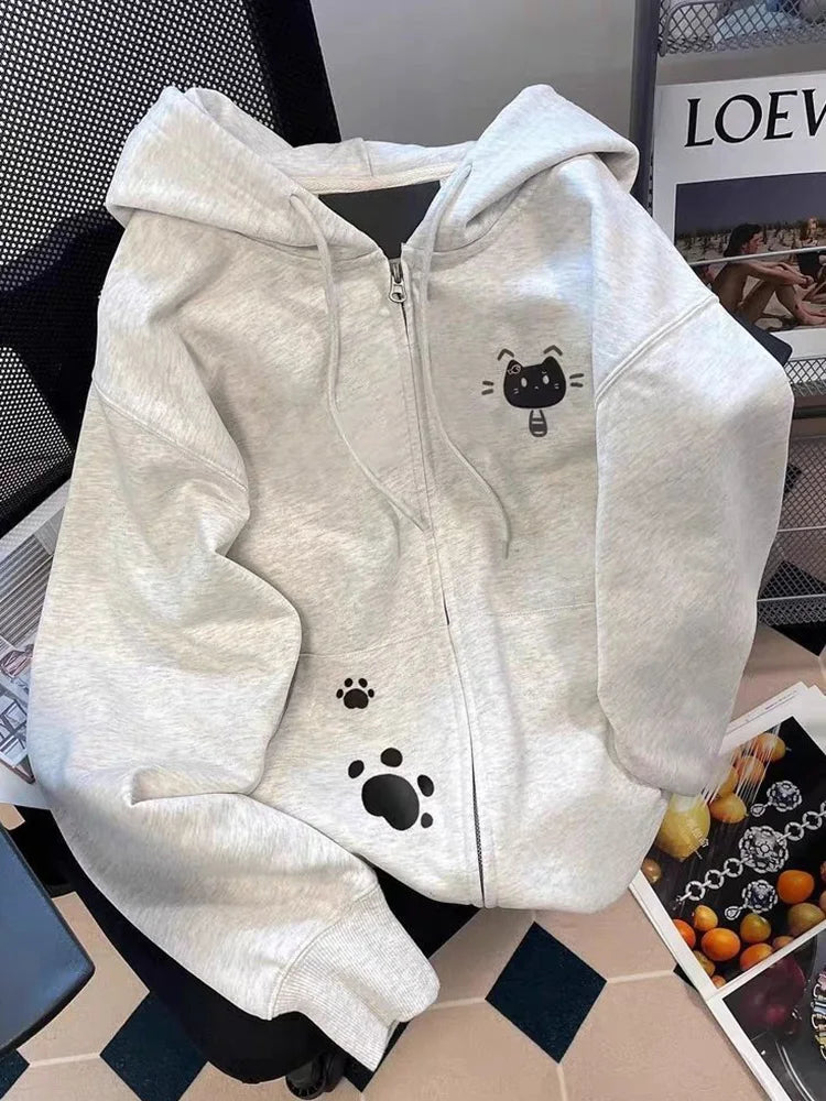 Bxoxo Cartoon Print Cute Hoodies Women Vintage Long Sleeve Loose Kawaii Sweatshirt Japan Retro Casual Pockets Female Gray Y2K Tops New