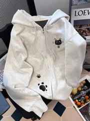 Bxoxo Cartoon Print Cute Hoodies Women Vintage Long Sleeve Loose Kawaii Sweatshirt Japan Retro Casual Pockets Female Gray Y2K Tops New