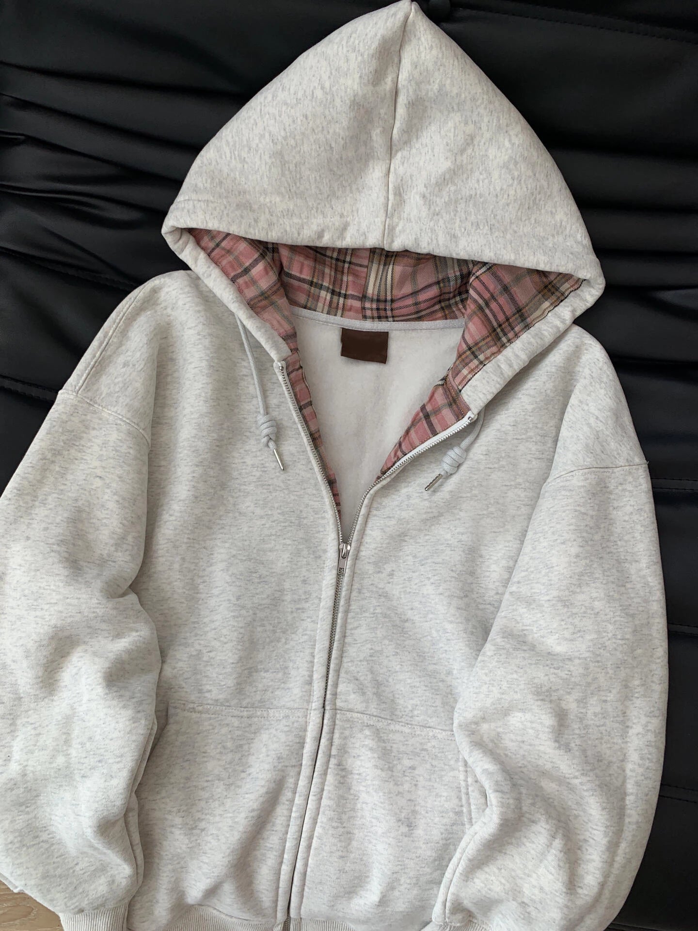 Bxoxo Retro Patchwork Plaid Gray Hoodie Women Autumn Zipper Cardigan Tops Versatile Loose Casual Outerwear Female
