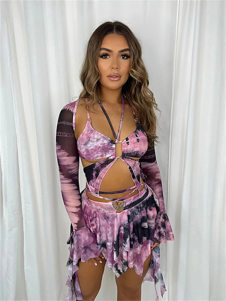 BXOXO Colorful Women 3 Piece Set Sexy Tie Dye Print Irregular Butterfly Camisole+Crop Tops+Skirts Matching Streetwear Outfits