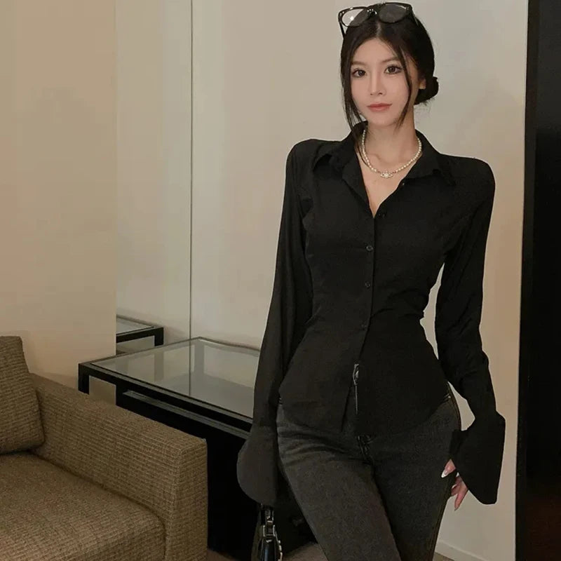 Bxoxo Fashion Women Bandage Shirts Korean All Match Streetwear Female Slim Blouse Spring Casual White Bell Sleeve Shirt New