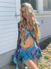 BXOXO Colorful Women 3 Piece Set Sexy Tie Dye Print Irregular Butterfly Camisole+Crop Tops+Skirts Matching Streetwear Outfits