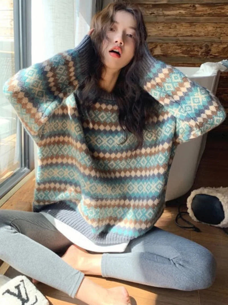 Bxoxo Winter Knitwear Pullover Sweaters For Women Top Blue Vintage Long Loose Autres Sweats Warm Korea Fashion Kawaii Jersey Jumper
