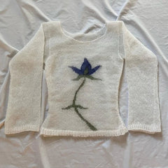 BXOXO Vintage Y2K Knitted Sweater Flower Aesthetics Graphic Print Pullover Tops Long Sleeve Slim 2000s Harajuku Sweater Top Streetwear