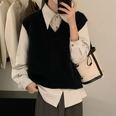 BXOXO Women V-Neck Knit Office Sweater Vest Loose Casual Pullovers Vest Bottoming Solid Sweater Vest For Women Fall Winter