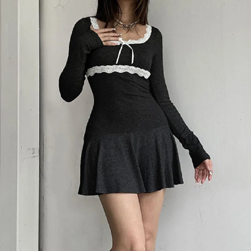 BXOXO Autumn Sexy Mini Dress Women Solid Streetwear Black Long Sleeves Lace Patchwork Bodycon Dress Club Elegant Party A-LINE Dresses