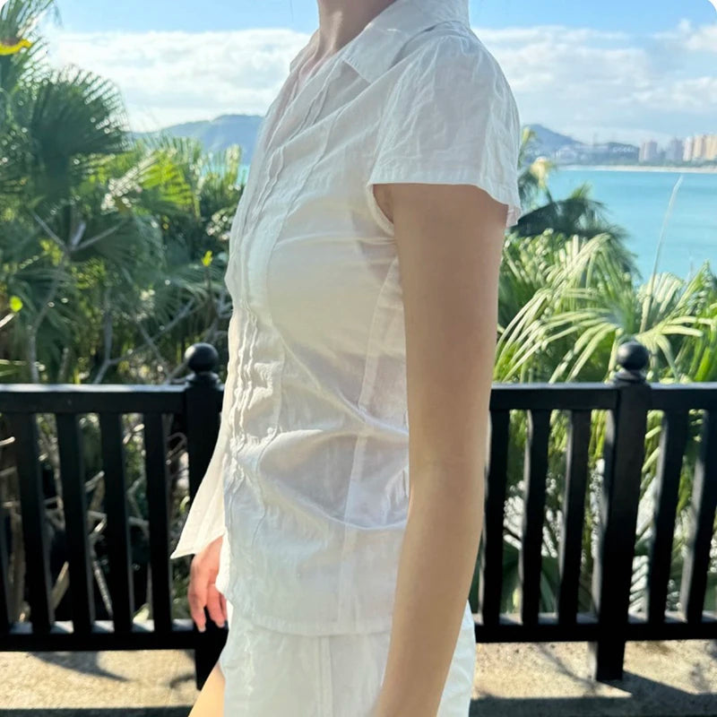 BXOXO White Short Sleeve Transparent Blouse for Women y2k Streetwear Button-up Slim-fitting T-shirts Vintage 2000s Tees Summer
