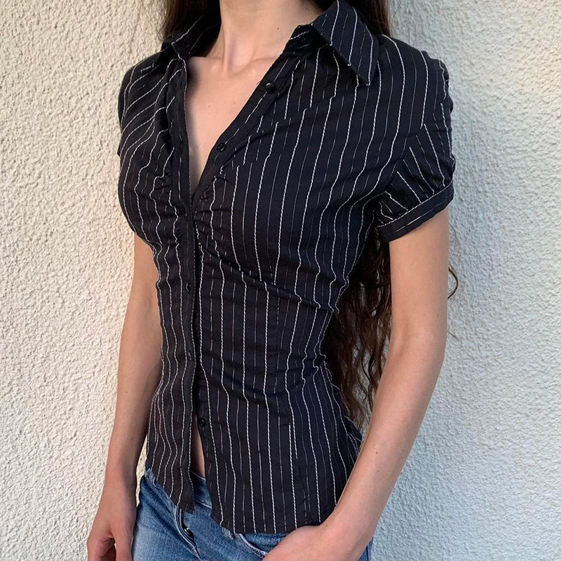Bxoxo Y2k Aesthetics Pleated Shirt Fairycore Lace Up Blouse Trashy 2000s Style V-neck Shirt Irregular Japanese Harajuku 90sFashion Chic Stripe Slim Summer Blouse Women Tops Short Sleeve Buttons-Up Shirt Cardigan Y2K Aesthetic