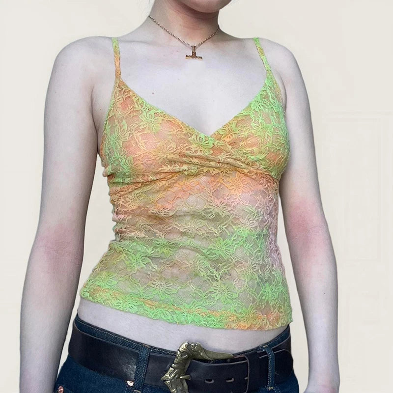 BXOXO y2k Lace Tie Dye Camis Chic Slim-fitting Cropped Top for Women Vintage 90s Mini Vest Summer Holiday Sexy Transparent Tees