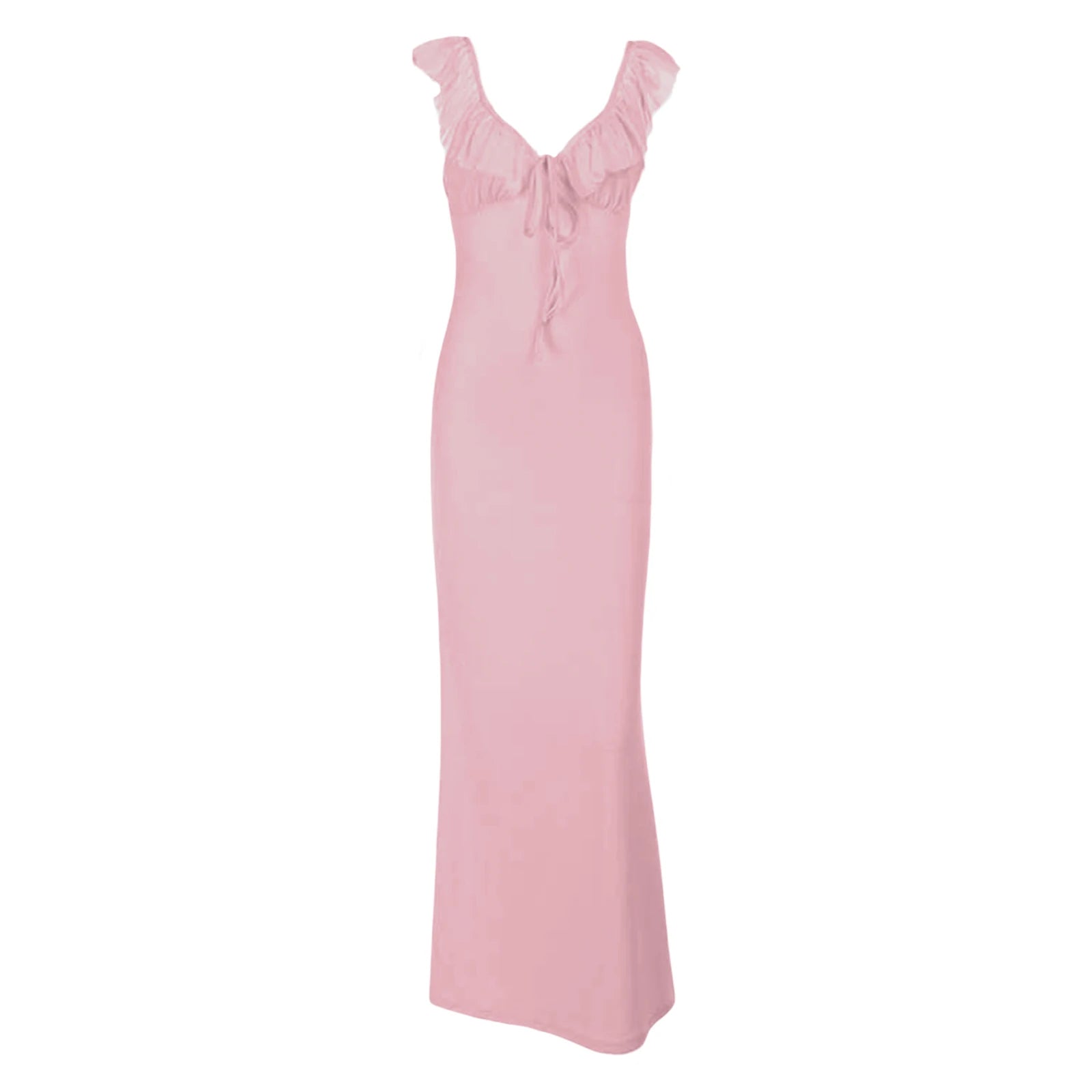 BXOXO Women Ruffle Trim Cami Dress Slim Solid Color Deep V Neck Open Back Tie Long Evening Dress for Party Clubwear