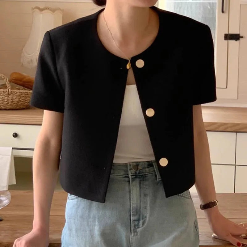 Bxoxo Korean Chic Short Sleeve Jacket Women Summer Fashion Single Breasted O Neck Coats Y2K Solid All-Match Ladies Short Jackets
