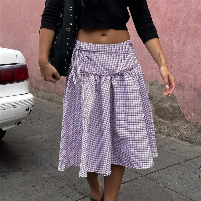 BXOXO Chic Ruffles Hem Coquette A-line Skirts Gingham Midi Skirt Vintage Tie-Up Low Waist Tiered Loose Skirt Y2k Streetwear