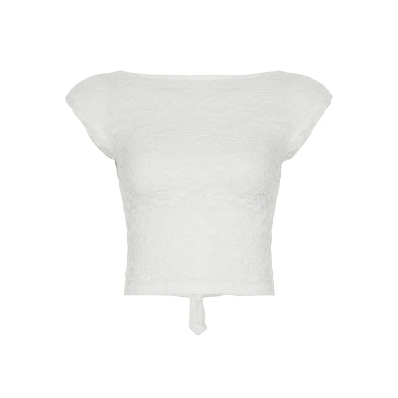 Bxoxo Y2K Lace Patchwork Women T Shirt French Sexy Backless Lace-Up Short Sleeve White Crop Tops Female Summer Slim Bottoming Tees