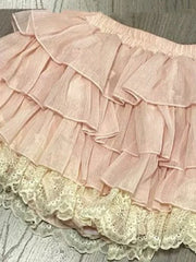 Bxoxo Pink Sweet Lace Patchwork Mini Skirt Women Low Rise Kawaii Lolita Ruffle Dance Skirt Y2K Japanese Streetwear Ruffle Fairy Faldas