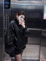 Bxoxo Black Pu Leather Coats Women Y2K Fashion Streetwear Loose Motorcycle Jacket Autumn American Female Lapel All Match Outwear