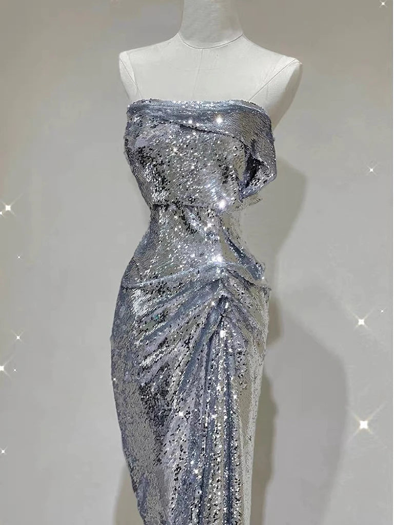BXOXO Silver Shiny Cocktail Dresses Strapless Ruched Sleeveless Mermaid Sequins Light Luxury Red Carpet Woman Evening Prom Party Gowns