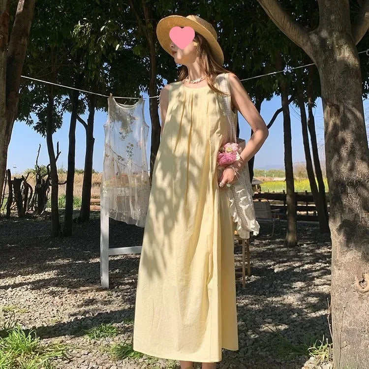 Bxoxo Butterfly Spirit Floral Embroidery Sleeveless Dress Women Summer Loose Overlap Skirt Vest Dress Knee-Length A- Line Gown