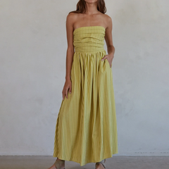 BXOXO Women Striped Strapless Maxi Dress Flowy Smocked Backless Tube Long Dress Swing Casual Summer Sundress with Pockets