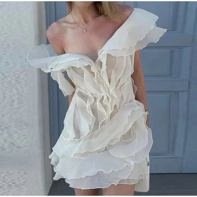 BXOXO  Elegent Layered Ruffle Edge Mini Dresses Women Sexy Boat Neck Sleeveless Backless Solid Dress Summer Lady Vacation Vestidos