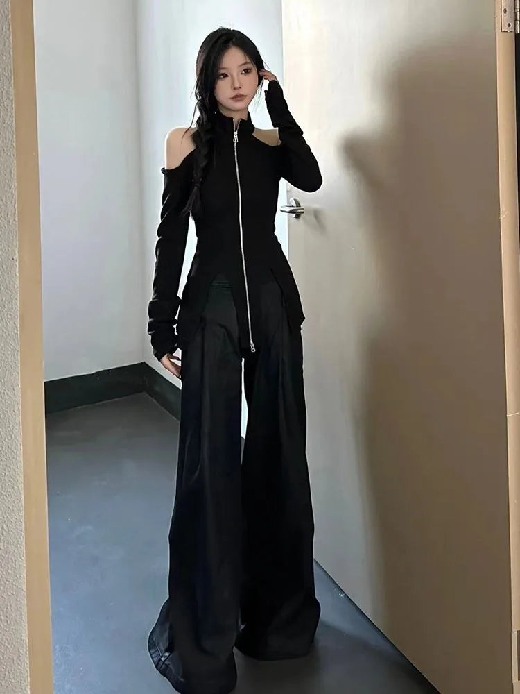 BXOXO 2025 New Stand Collar Zipper Tops Women Off Shoulder Long Sleeve T-shirts Y2k E-Girl Slim Fit Halter Knitted Tee Shirt Sweater