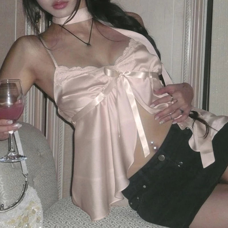 BXOXO Kawaii Bandage Lace Pink Camisole Women Sexy Sweet Patchwork Satin Crop Tops with Slit Summer y2k Vintage Tank Tops Cute