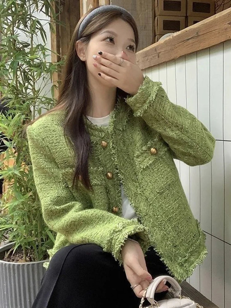 Bxoxo Sweet Green Tweed Jackets Women Vintage Long Sleeve Casual Coat Korean O Neck Fall Winter Retro All Match Elegant Outwear Tops