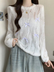 Bxoxo Sweet Bow Hollow Out Sweaters Women Korean Fashion Gradient Long Sleeve Knitted Pullover Preppy Style Loose Elegant Cute Jumpers