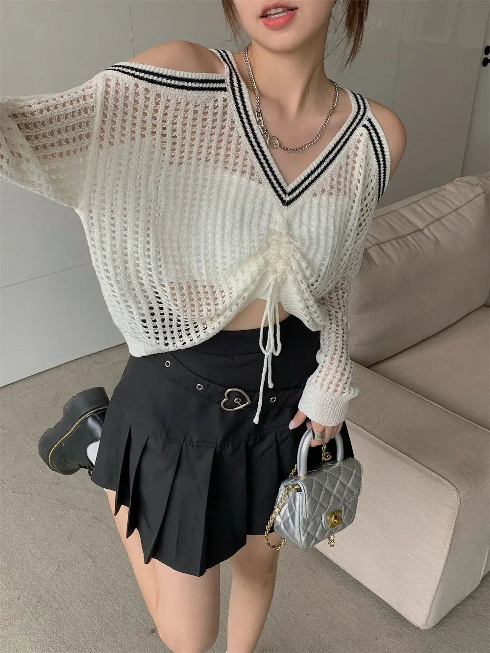 Bxoxo Off Shoulder Hollow Out Shirts Blouses Elegant and Youth Woman Blouse Drawstring Knitted V Neck Tops Vintage Y2k 2022 Fashion