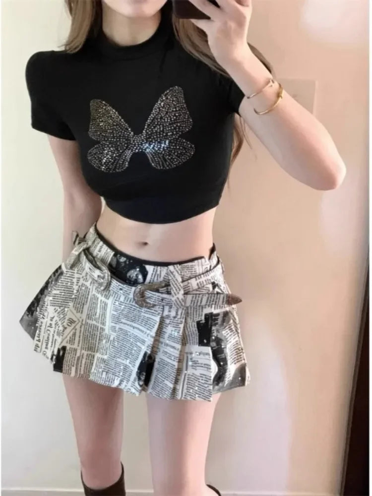 BXOXO American Printed Pleated Skirts 2025 Autumn New Low Waisted A-line Skirt for Women Y2k Grunge Faldas Mujer Newspaper