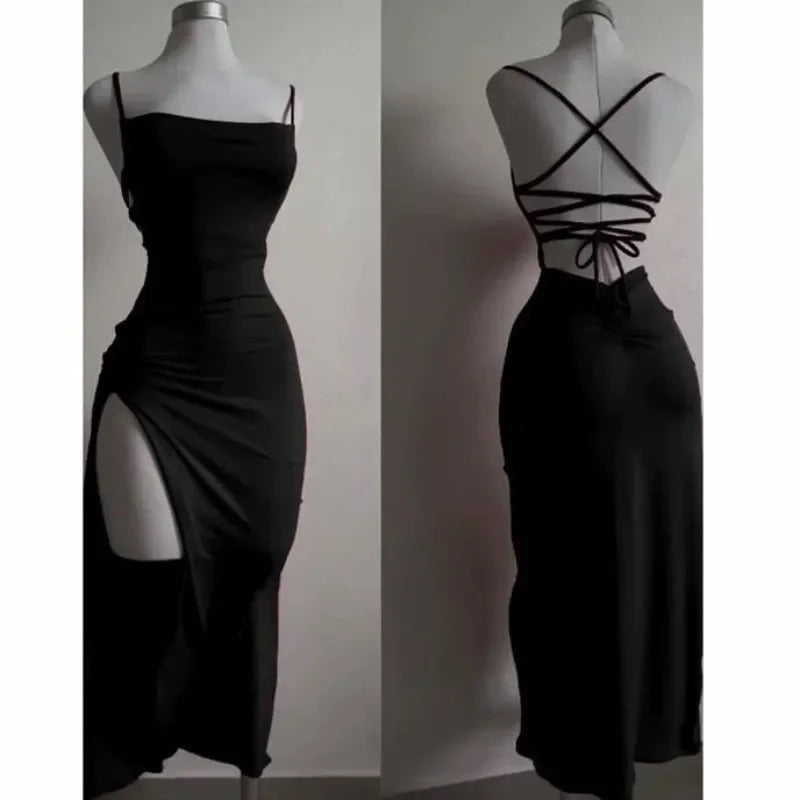 Bxoxo Women Sexy Red Party Midi Dress Lace-up Irregular Split Long Dress Summer Halter Strap Spice Girl Bag Hip Clothes Solid