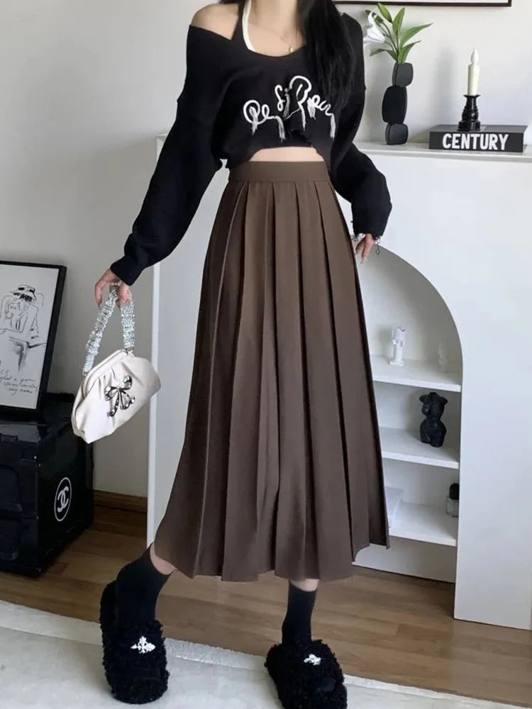 BXOXO Long Pleated Skirt Women Vintage Korean Fashion Solid High Waist A-line Midi Skirt School Girl Elegant Casual Autumn