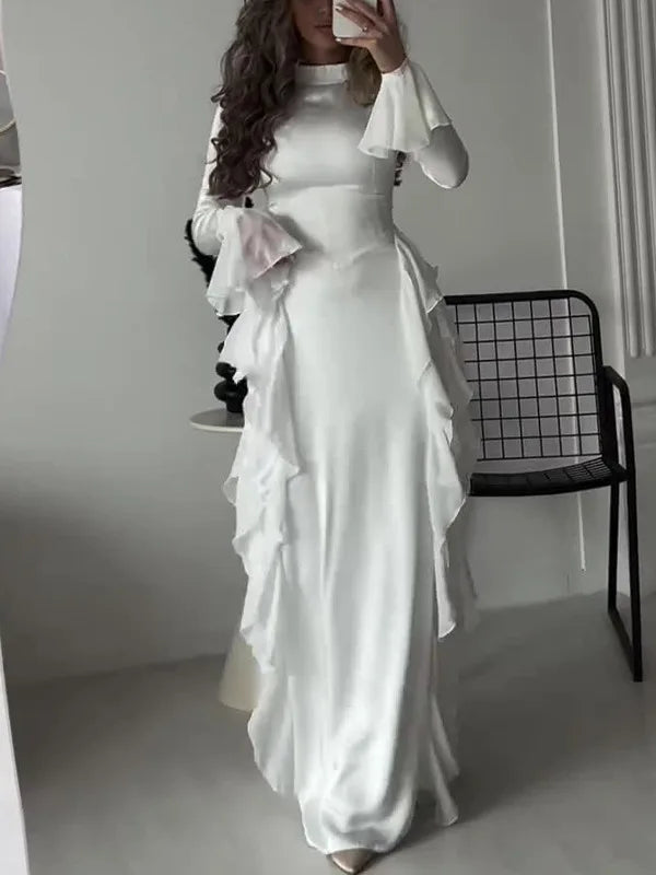 BXOXO Elegant Long Sleeved Ruffled Round Neck Maxi Dress For Women's Spring New 2025 Party Club Evening Dress Slim Vestidos
