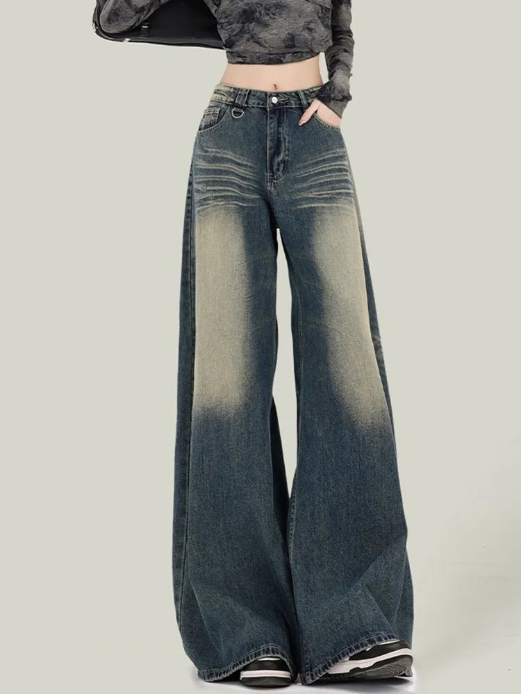 Bxoxo Women Streetwear Retro Jeans Loose High Waist Y2K Denim Pants Casual American Harajuku Fall Female Pockets Wide Leg Trousers New