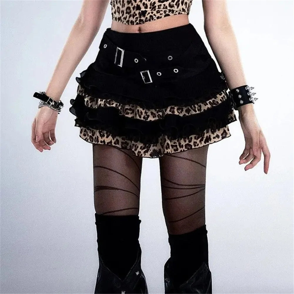 Bxoxo Y2K Leopard Print Ruffle Kawaii Vintage Skirts Goth Black Aesthetic Subculture Short High Waist Punk Cake Fluffy Cute Slim Skirt