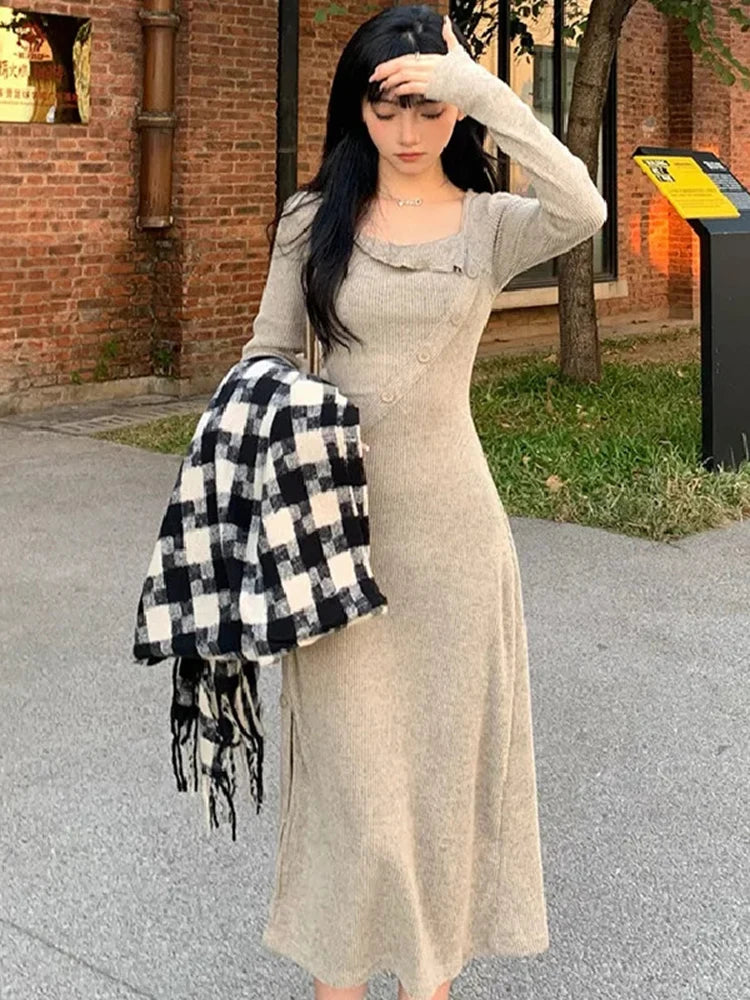 Bxoxo Autumn Square Collar Slim Midi Dress Women Fashion Single Breasted Casual Knitted Dress Elegant Office Lady Wrap Vestidos New