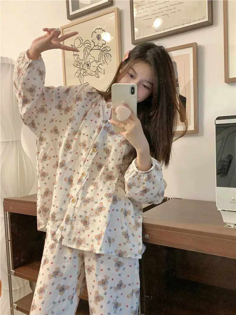 Bxoxo Women's Sweet Cute Pajamas Set Female Korean Style Home Clothing Girl Bear Foral Print Sleepwear Long Sleeve Pant Nightwear 2XL