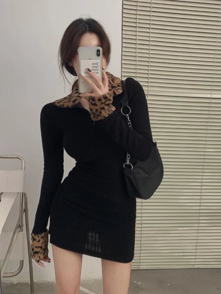 Bxoxo Leopard Print Patchwork Mini Dress Women Y2K Autumn Sexy Slim Black Dress Fashion Streetwear Long Sleeve Lapel Splicing Vestidos
