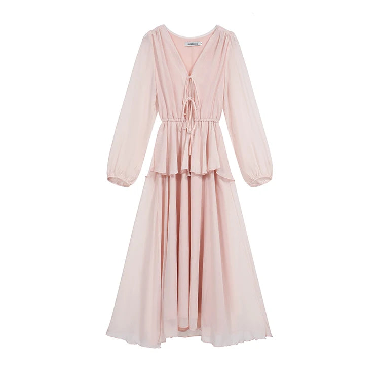 Bxoxo Women's Elegant Fairy Casual Korean Style Dresses New V-Neck Lace-up Long Lantern Sleeve Ruffles Midi Dress 2025 Holiday Vestido