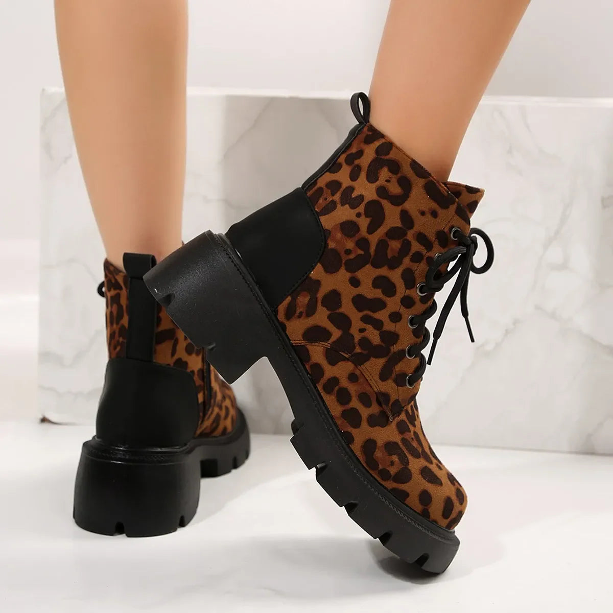 BXOXO Sexy Leopard Ankle Boots for Women Autumn Winter Low Square Heels Plus Size 43 Short Booties Shoes Woman Motorcycle Boots