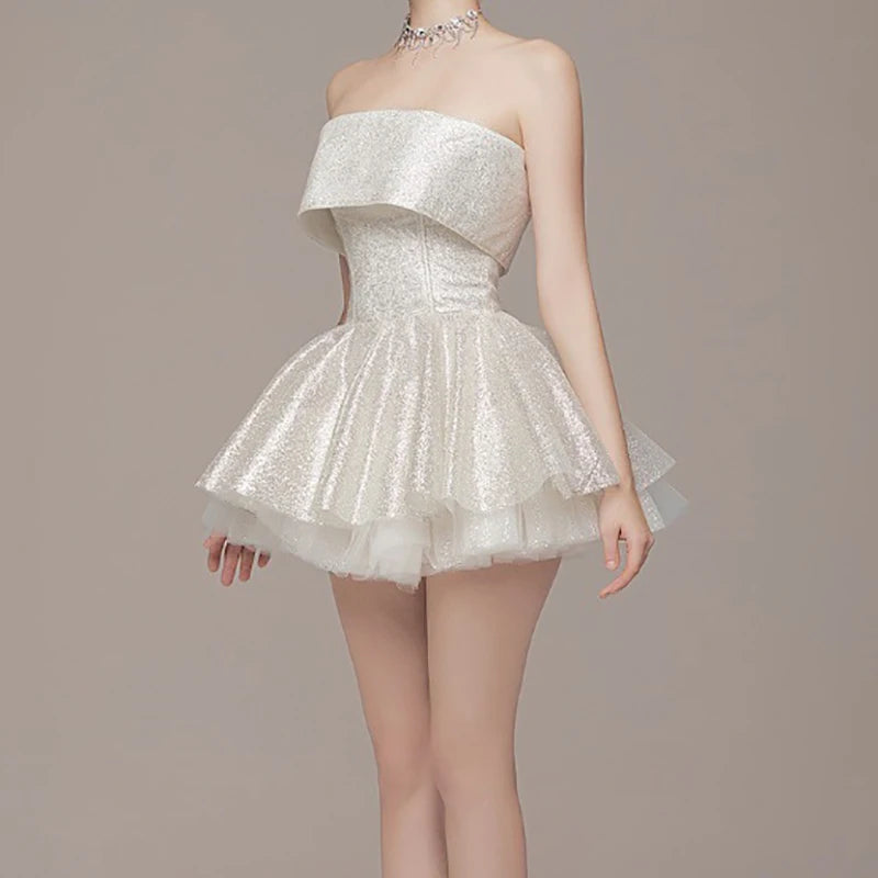 BXOXO Elegant Glitter Hight Waist Solid Party Dress Fashion Backless Slim Evening Dress Sexy Strapless Sleeveless Bodycon Mini Dresses