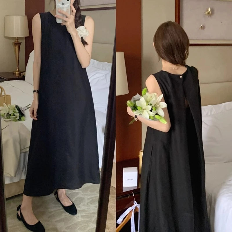 Bxoxo Summer Chic Hollow out Bal Midi Dr round Ne Svel Dr Ele Korean Sle Loose Waist A-Line Skirt Dr